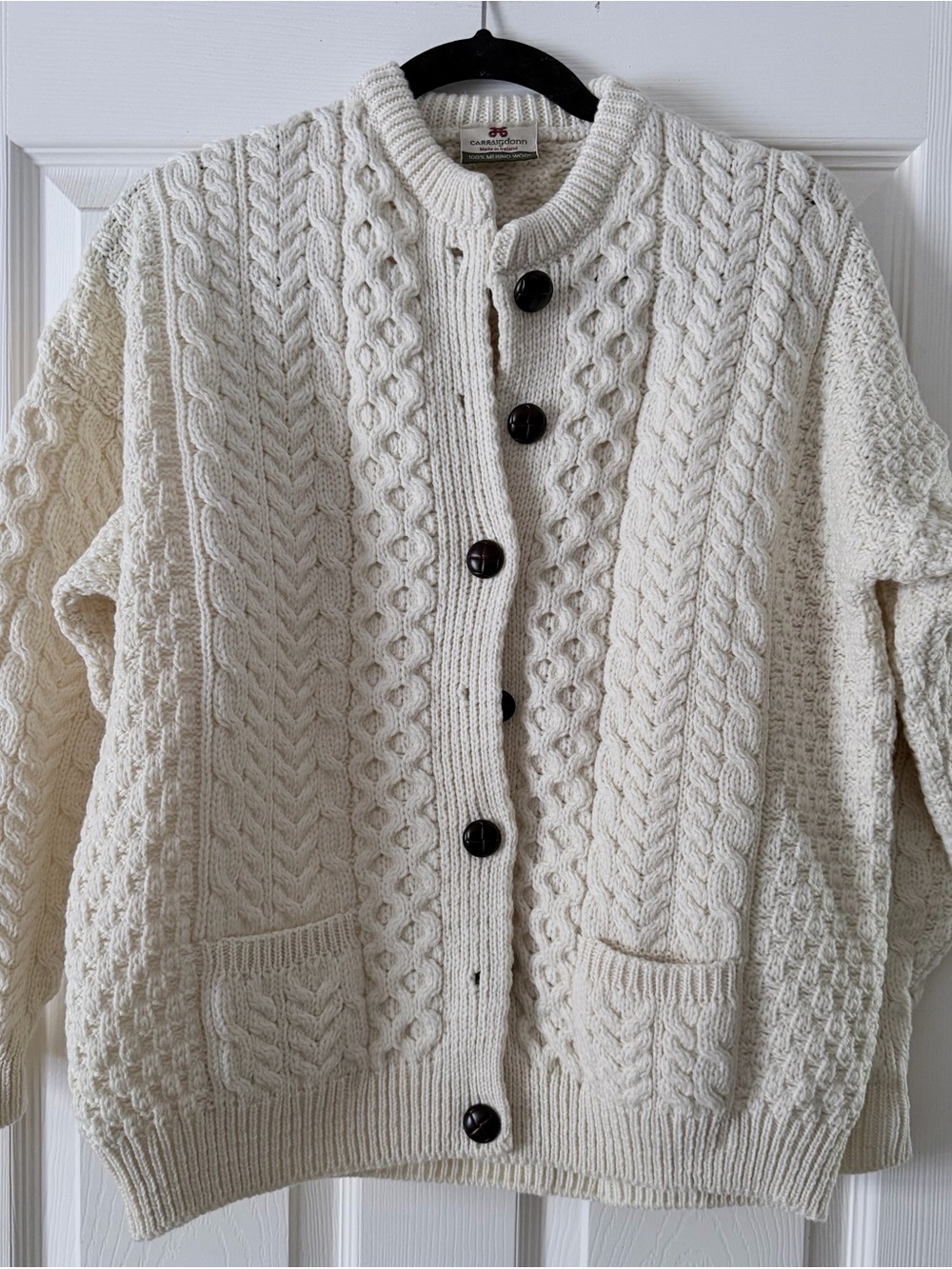 Vintage Carraig Donn 100% Wool Cream Chunky Knit Fisherman Cardigan Size Large